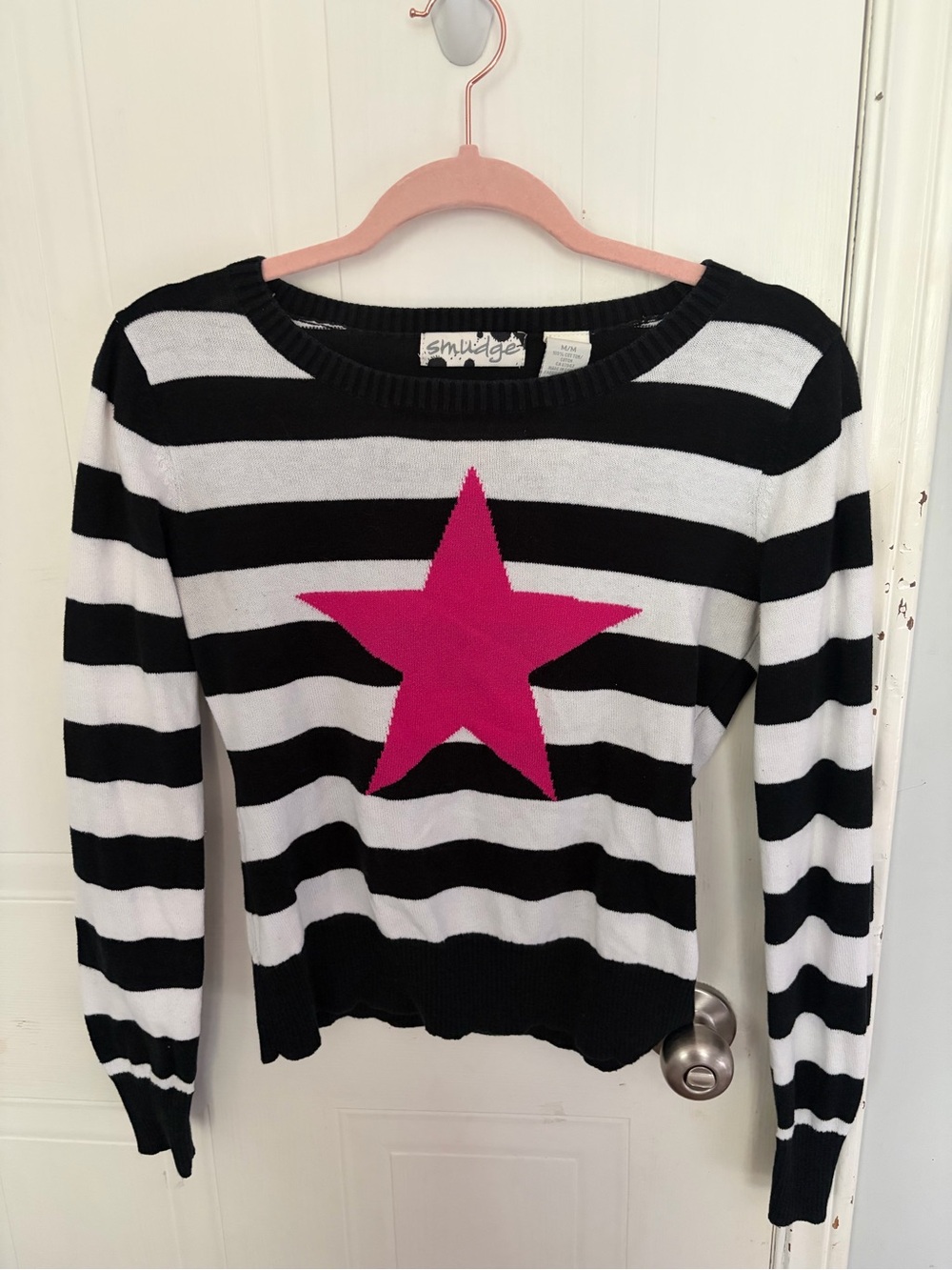 Black & White Striped Sweater with Pink Star